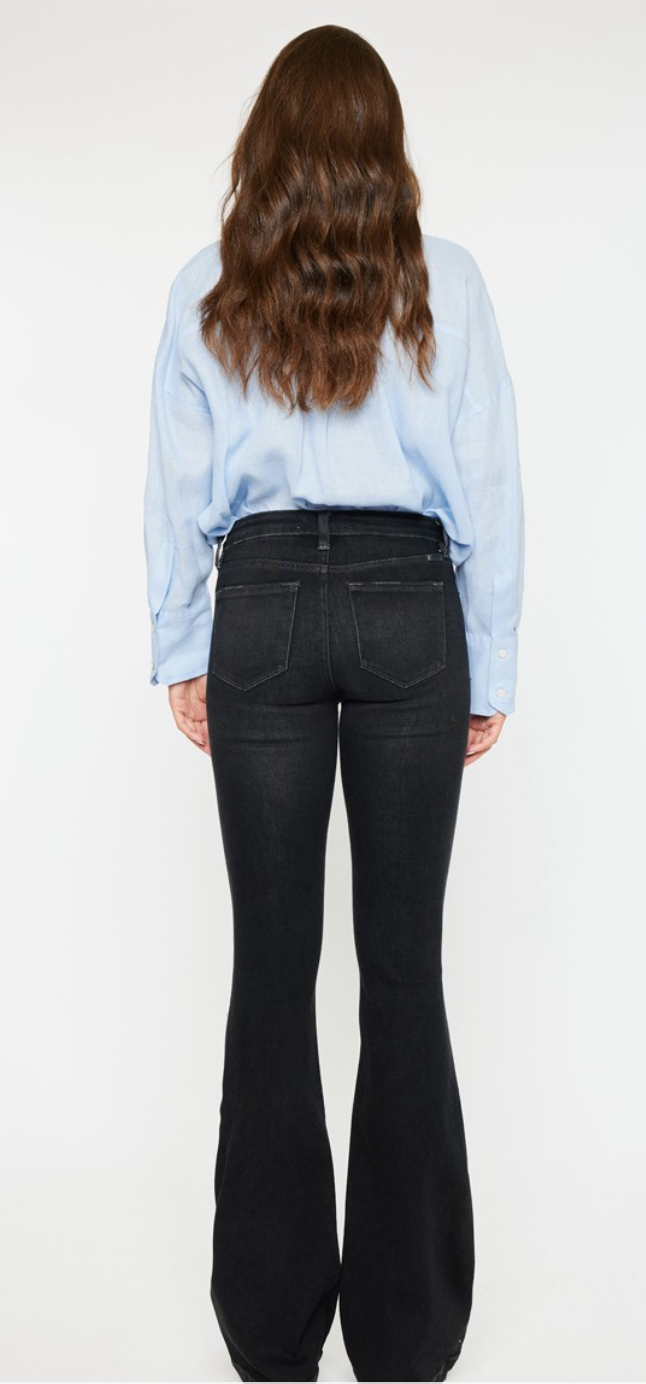Mid Rise Button Up Distress Flare Jeans