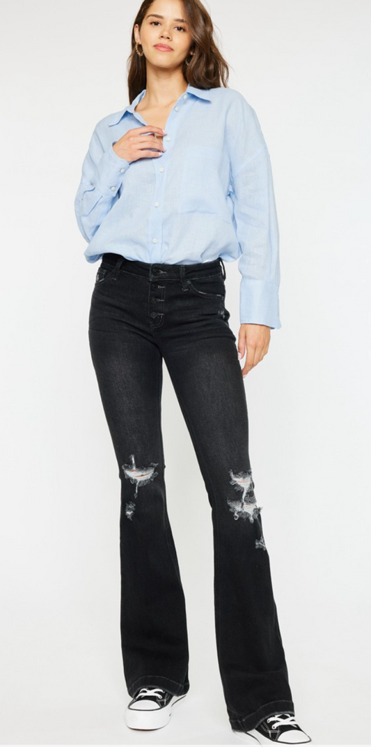 Mid Rise Button Up Distress Flare Jeans