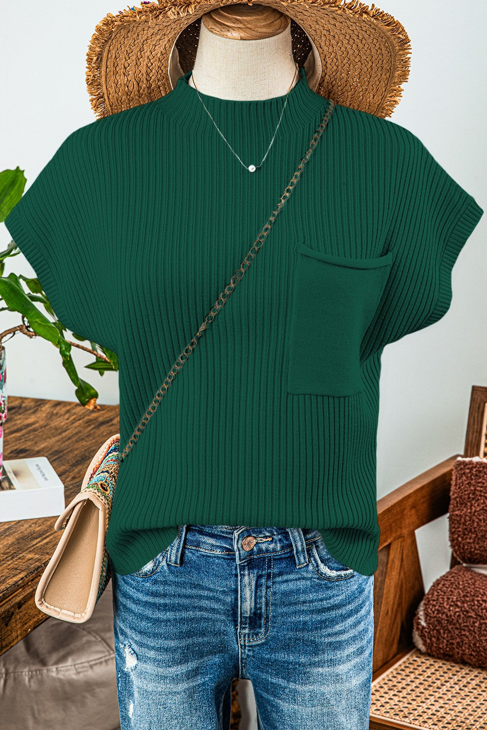 Ribbed Knit Short Sleeve Sweater